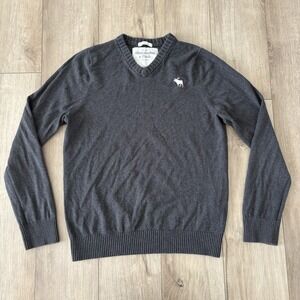 Abercrombie Fitch Sweater Mens XL Muscle Grey V Neck Pullover Moose Logo Y2K